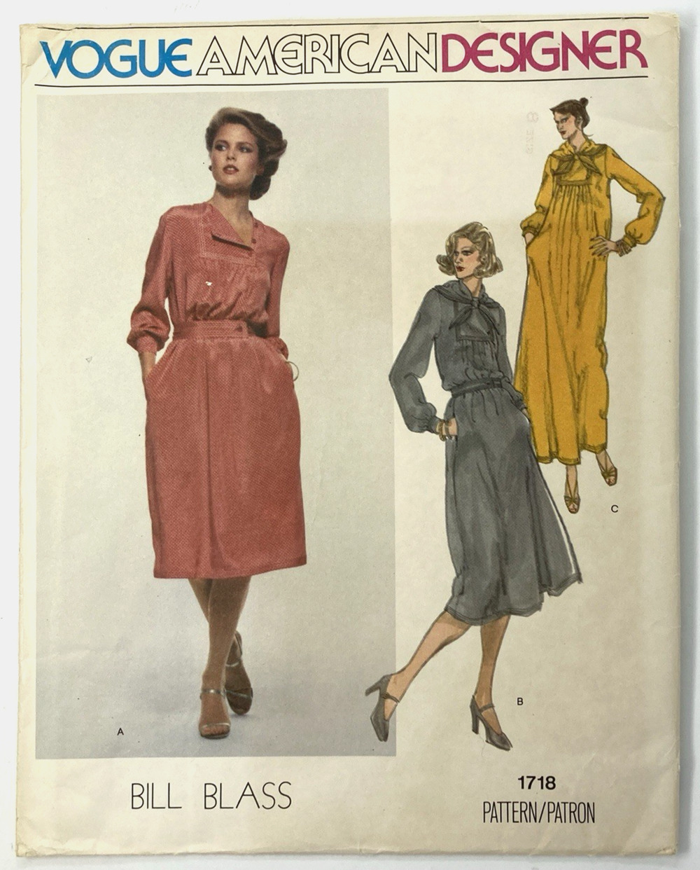 '70s Vogue American Designer 1718 Bill Blass Dress Pattern Midi Maxi Sz 8 Uncut